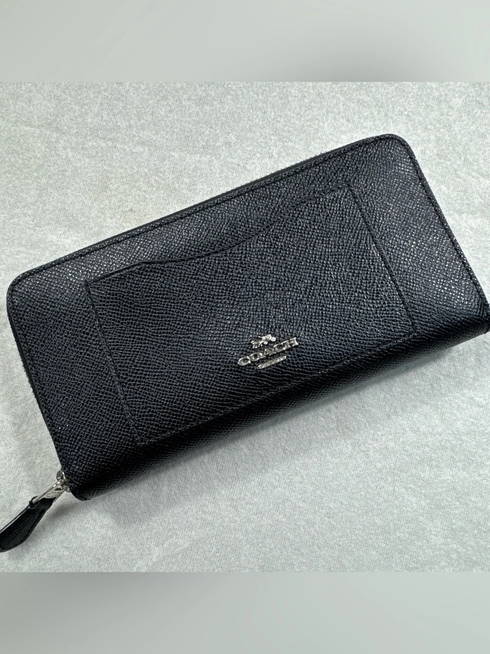 Coach Black Textured Zip Wallet with Silver Hardware